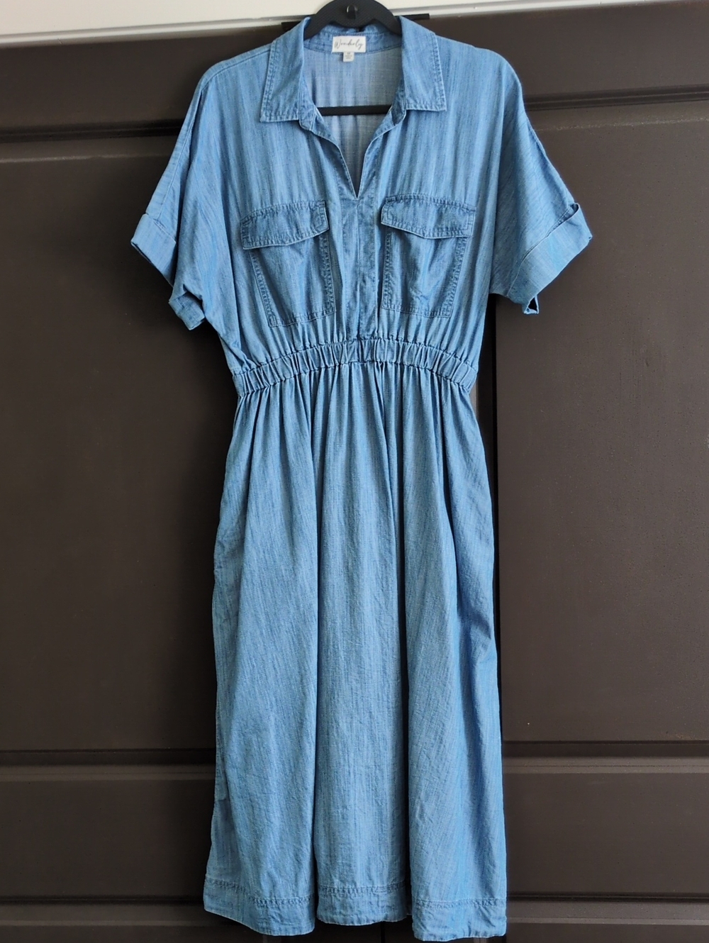 Wonderly Light Blue Chambray Midi Dress with Elastic Waist